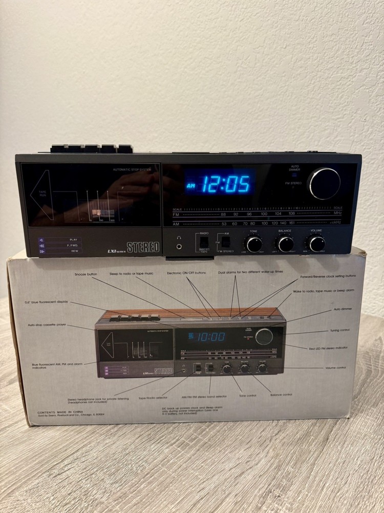 Vintage Sears LXI AM/FM Stereo Clock Radio Cassette Playert Box Manual Receipt