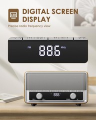 Vintage Wood AM FM Bluetooth Radio with Clock, Digital Clock Light Walnut