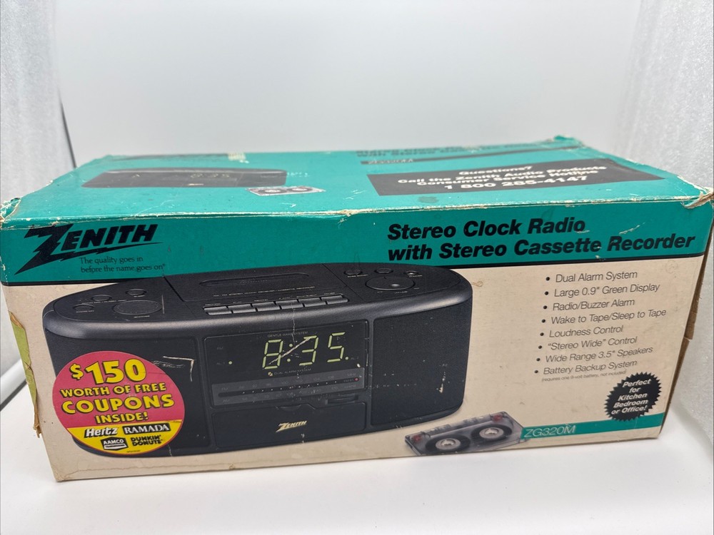 NOB Vintage Zenith ZG320M AM/FM Stereo Clock Radio Cassette Recorder Dual Alarm