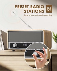 Vintage Wood AM FM Bluetooth Radio with Clock, Digital Clock Light Walnut