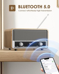 Vintage Wood AM FM Bluetooth Radio with Clock, Digital Clock Light Walnut