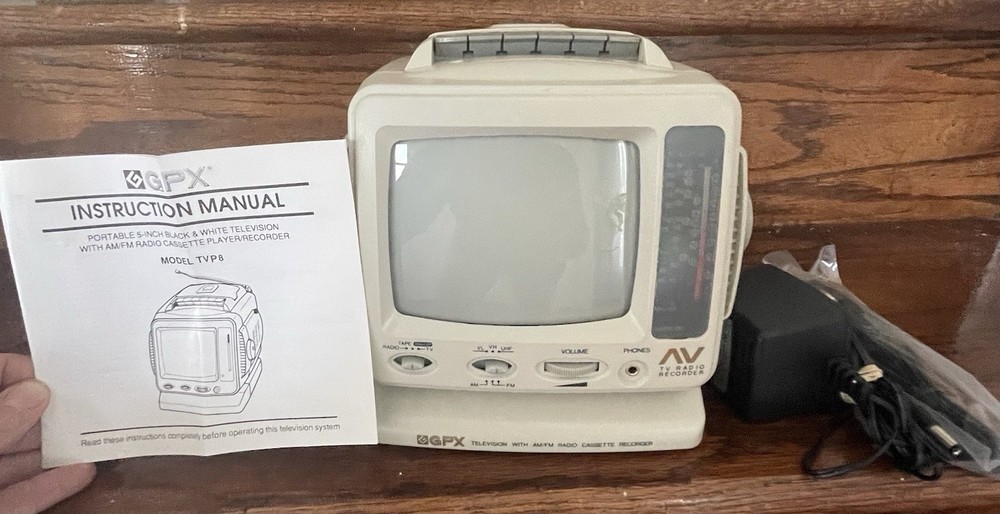 Vintage GPX TVP8 5” Portable B&W CRT TV AM/FM Radio Cassette w/ Manual-WORKS!