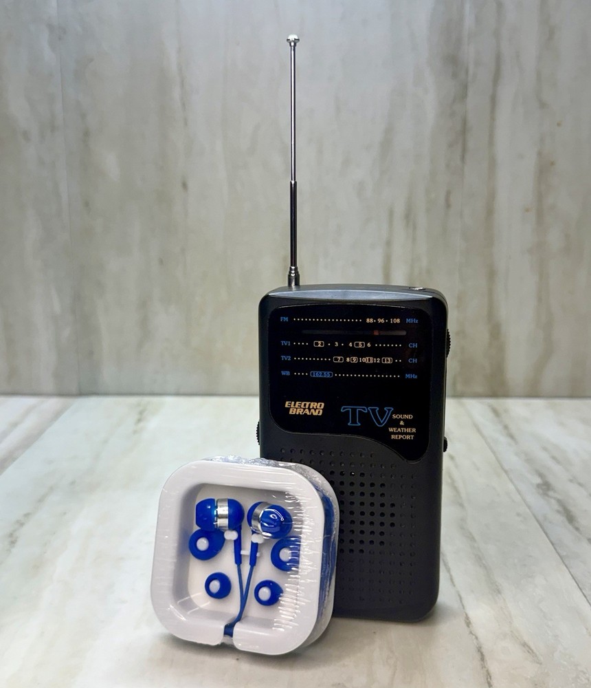 Vintage Electro Brand Pocket Radio TV Sound Weather FM WB & New Blue Earbuds
