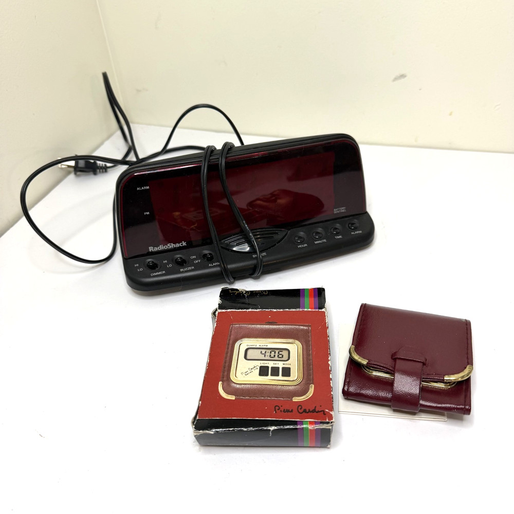 Vintage RadioShack 63-960 Digital LED Radio & Pierre Cardin Travel Alarm Clock