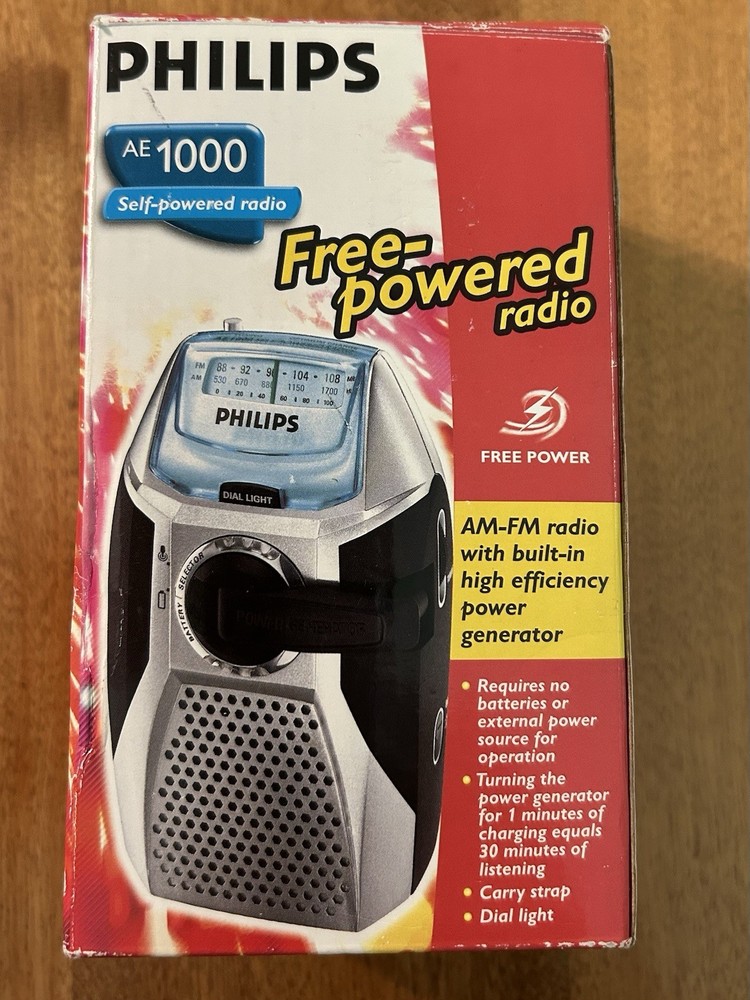 Philips AE1000 Portable Radio AM FM Self Powered Tuner Rechargeable Crank New