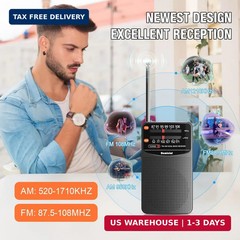 AM/FM Portable Radio, Pocket Radio 3 AA Battery Powered, Long Lasting, with Exce