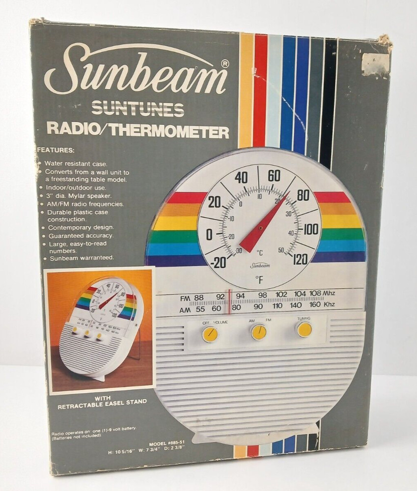 Vintage Sunbeam SUNTUNES Retro Rainbow Portable AM/FM Radio & Thermometer NEW!