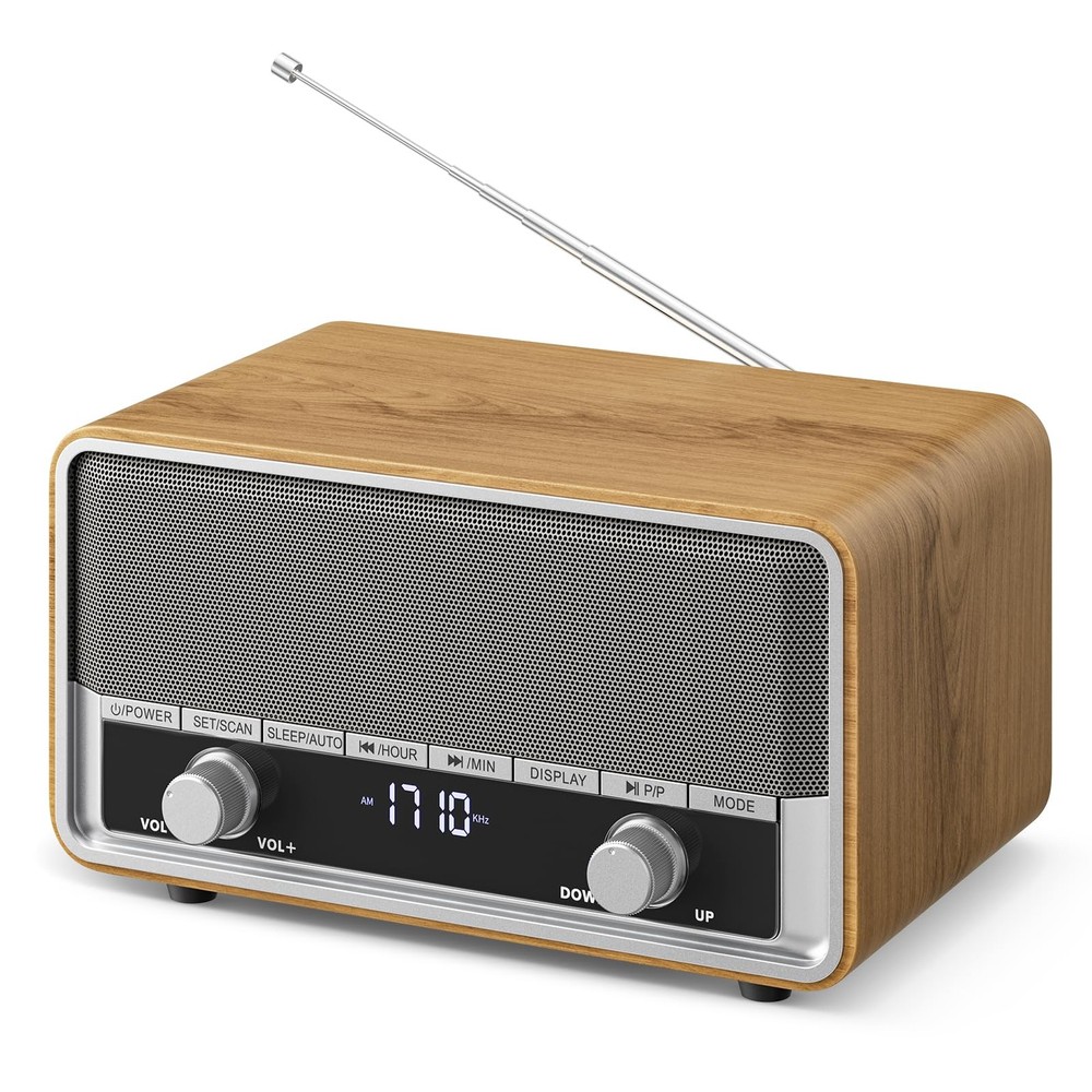 Vintage Wood AM FM Bluetooth Radio with Clock, Digital Clock Light Walnut