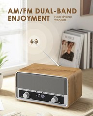 Vintage Wood AM FM Bluetooth Radio with Clock, Digital Clock Light Walnut