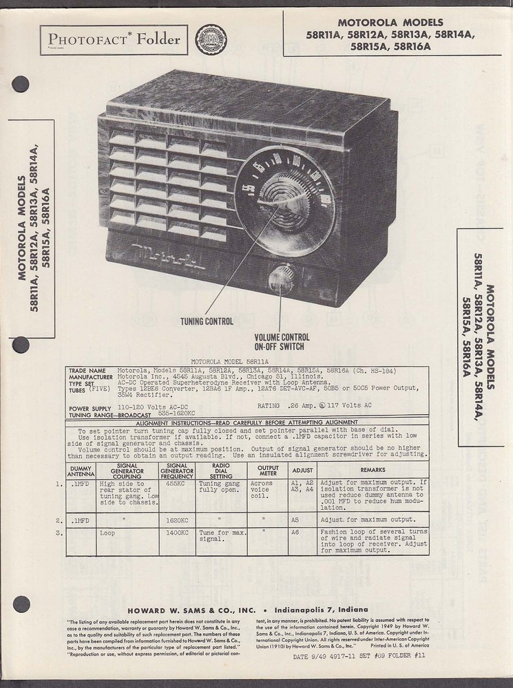 Motorola 58R Radio Photofact Folder 1949