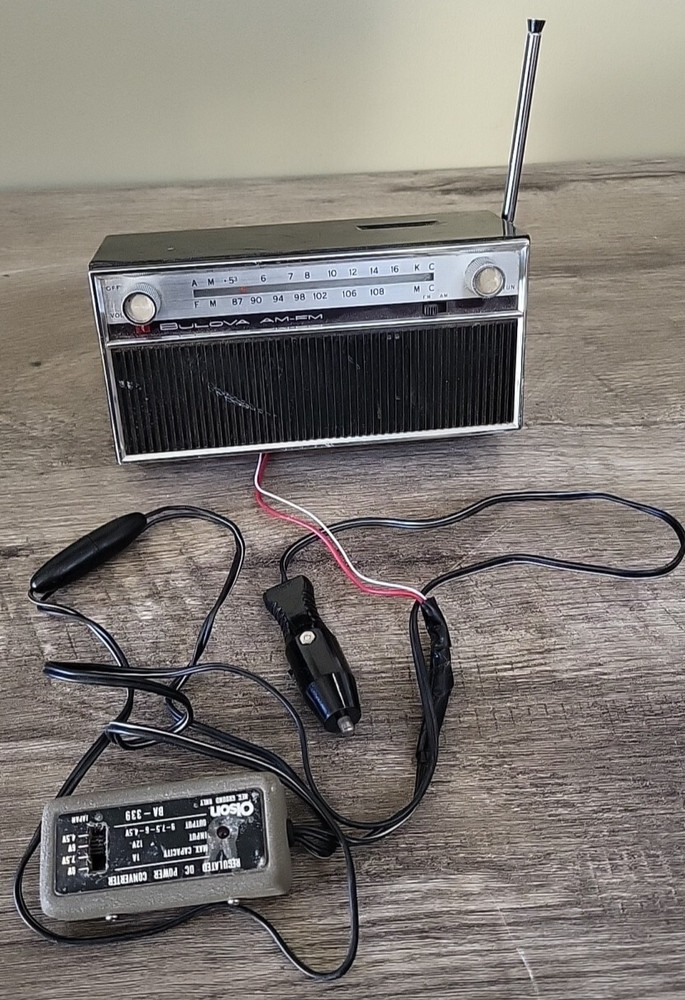 Vtg Bulova Mid-Century Alarm Clock Radio 1950&rsquo;s AM-FM car adapter 6v