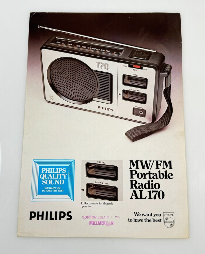 1980s Philips MW/FM Radio PORTABLE RADIO AL170 – Specs Promo Poster Advertising