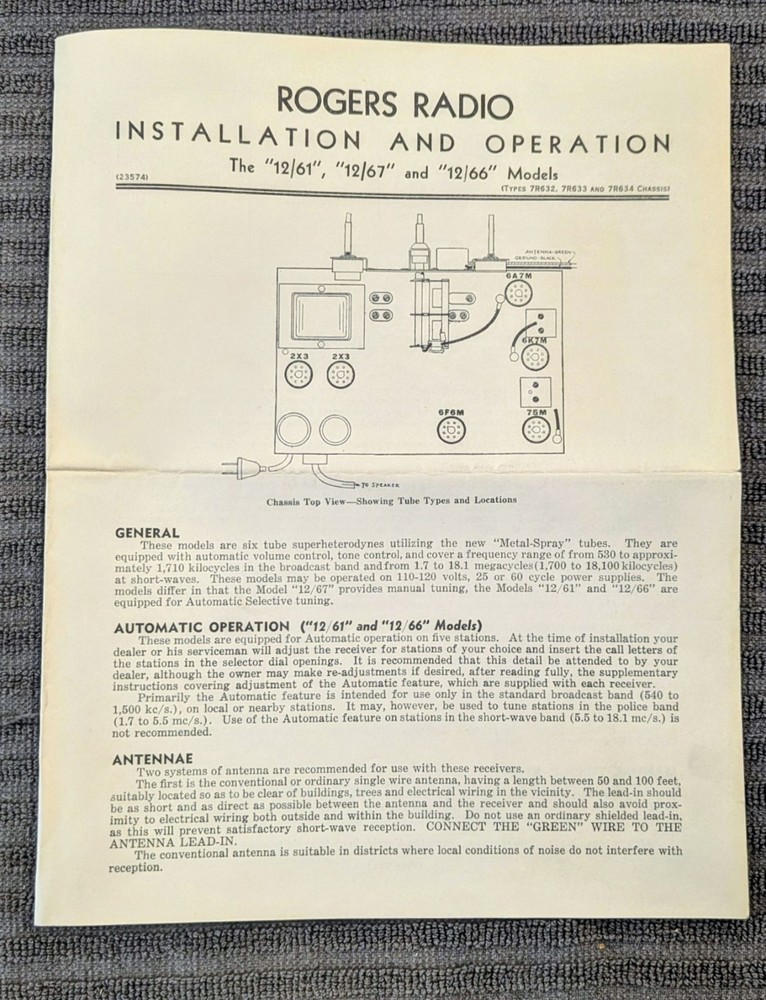 Vintage 1937 Rogers Majestic Radio Models Operation Manual 12/61 12/66 12/67