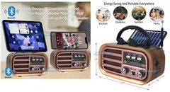Stylish Solar-Powered Retro Radio AM FM SW Bluetooth Speaker USB SD Card MP3